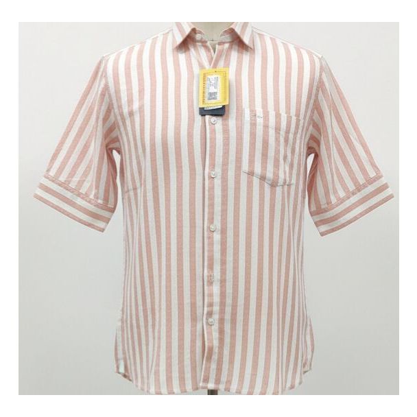Peach and white striped short sleeve shirt with a chest pocket and a collar
