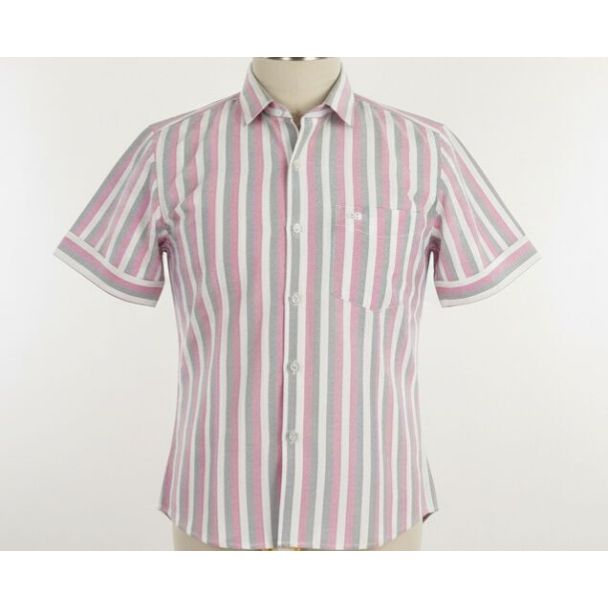 Pink, gray and white striped short-sleeve button-down shirt