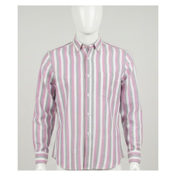 Men's pink, grey, and white striped cotton shirt with full sleeves