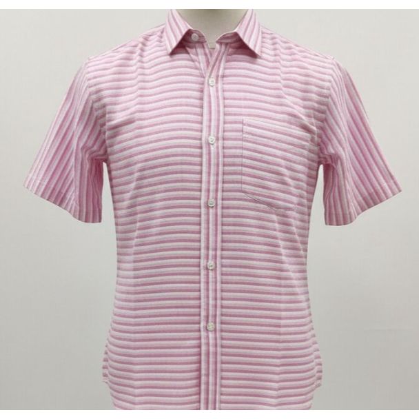 Pink and white striped short sleeve shirt with a collar, displayed on a mannequin for casual wear.