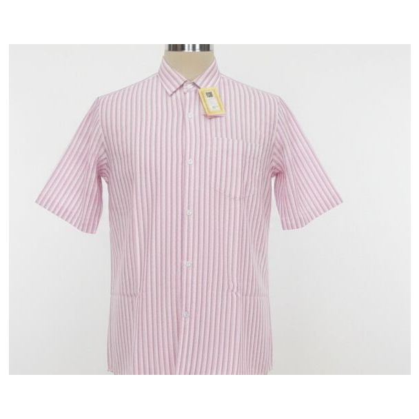 A pink and white striped short-sleeved shirt with a collar, on a mannequin