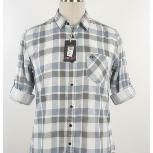 Mannequin modeling a grey and blue plaid cotton shirt with rolled sleeves