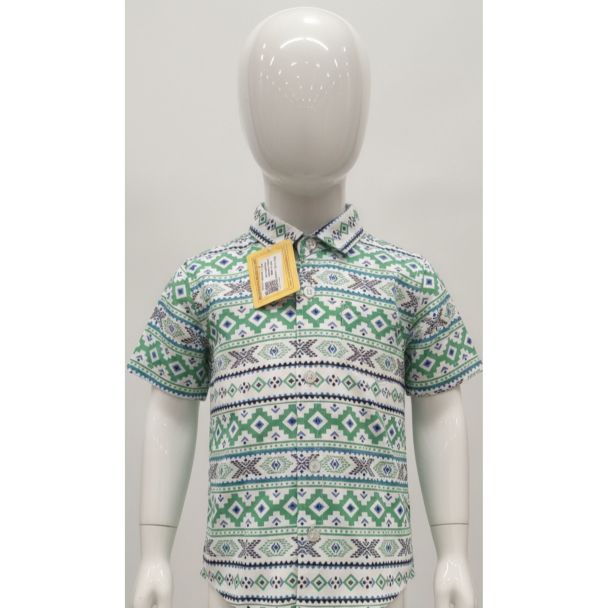 Printed cotton shirt short sleeve green geometric