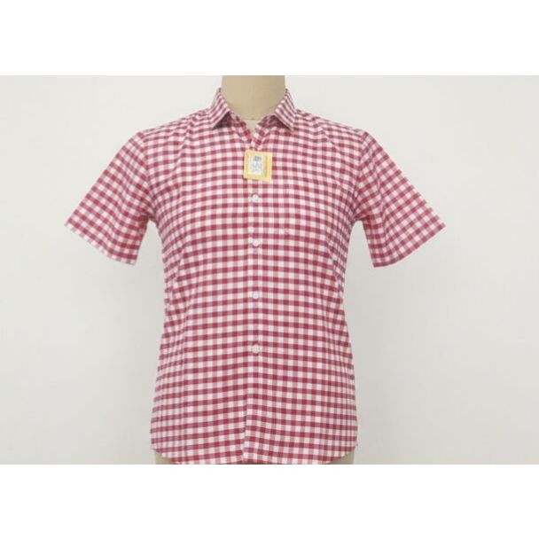 Red and white checked cotton shirt with short sleeves