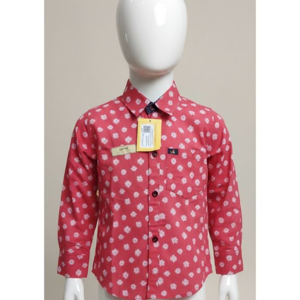 Red floral print kids cotton shirt with full sleeves