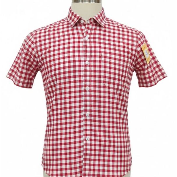 Men's red and white short sleeve cotton shirt with gingham check pattern
