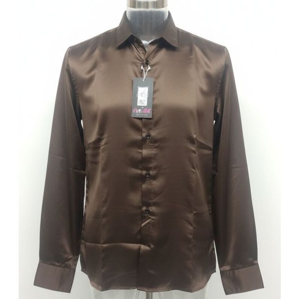 Close-up of a rich brown satin men's shirt with a classic collar and long sleeves