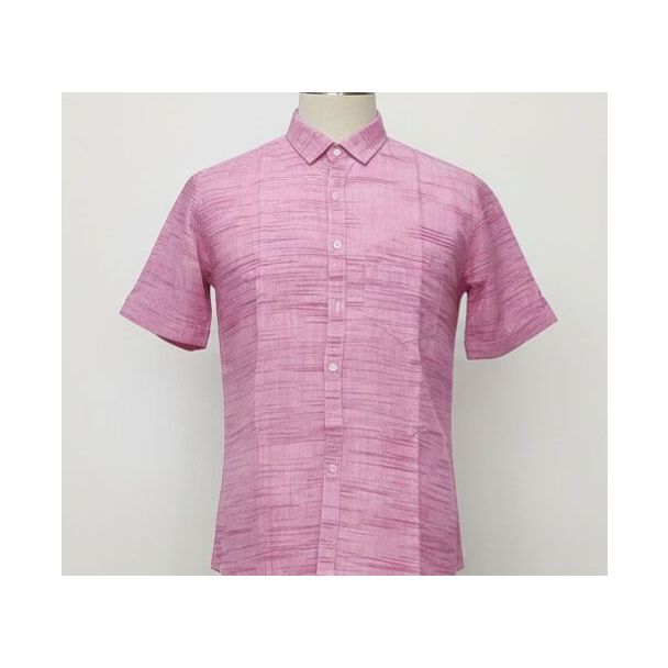 Rose pink cotton button-down shirt with short sleeves on a white background.