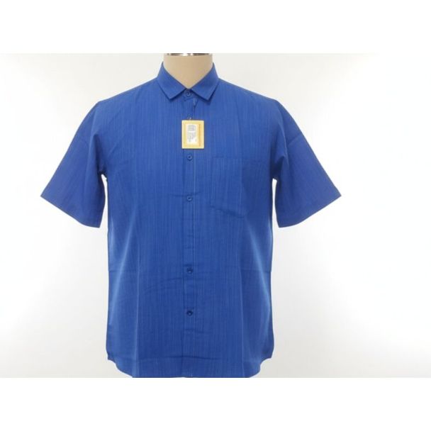 Royal blue short sleeve shirt with textured fabric and collar on a mannequin.