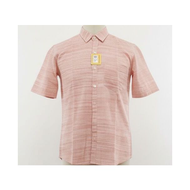 Salmon pink cotton men's short sleeve shirt with a textured striped pattern on a white background.