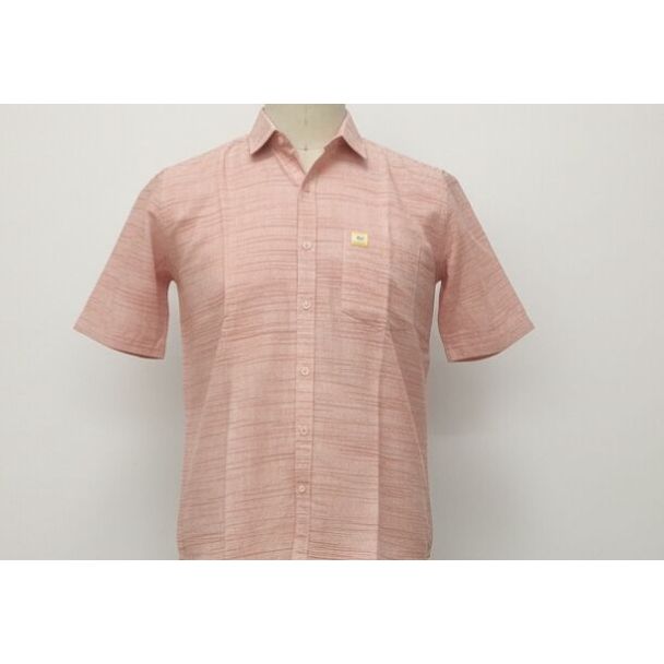 Close-up of a salmon colored woven short sleeve button-up shirt on a mannequin.
