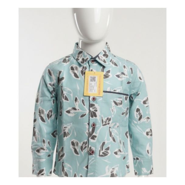 Sky blue leaf print cotton kids shirt full sleeve - perfect for everyday wear.