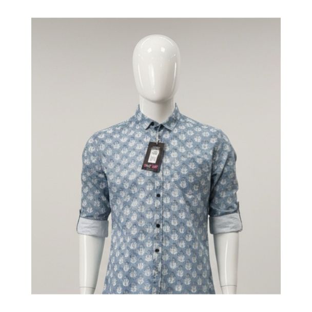 Sky blue printed cotton casual shirt with roll-up sleeves India