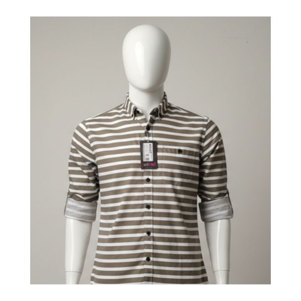 Olive green and white striped cotton shirt with roll-up sleeves India
