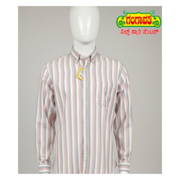 Men's white, grey, and pink striped cotton shirt with button-down collar - Gangavathi Exports