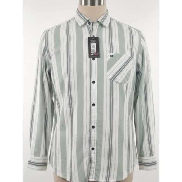Men's light green and white striped cotton shirt with full sleeves