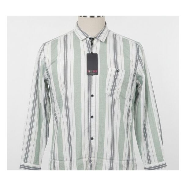 White, grey, and green striped cotton shirt with button-down collar and long sleeves