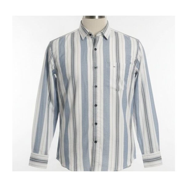 Sky blue and white striped cotton shirt with long sleeves and a button-down closure.