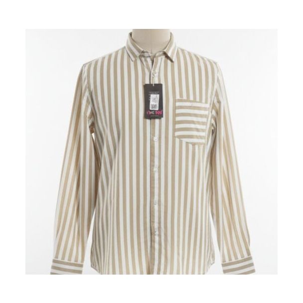 Tan and white vertically striped cotton men's shirt with long sleeves and chest pocket