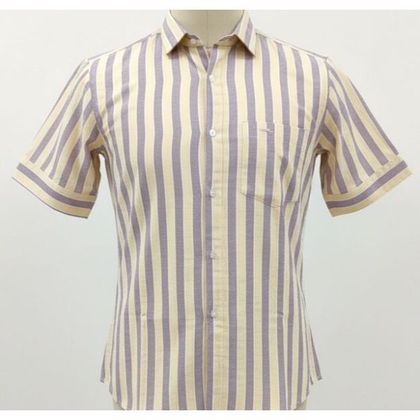 Short sleeve button-up shirt with vertical cream and lavender stripes