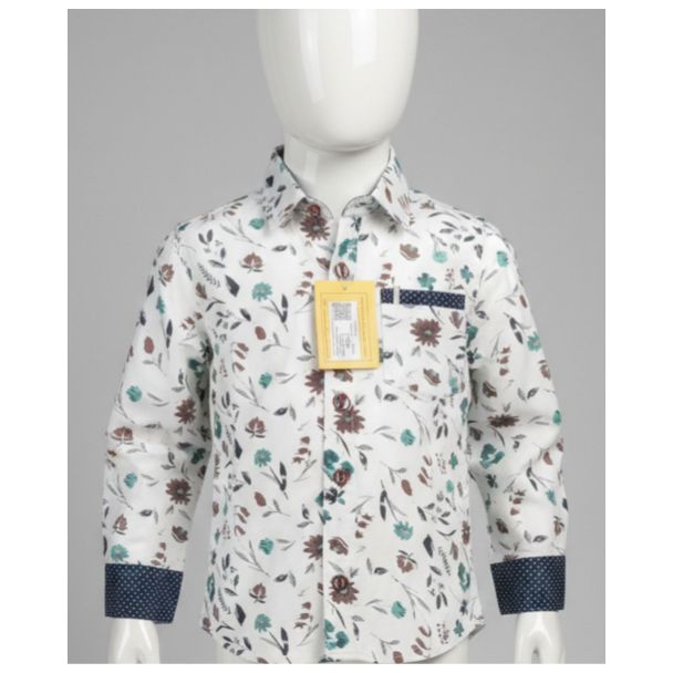 White floral print cotton boys shirt full sleeve with navy polka dot cuff detailing - Gangavathi Exports
