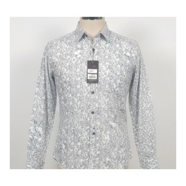 White cotton shirt with a grey all-over floral pattern and full sleeves