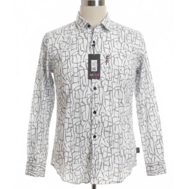 White shirt with gray abstract print, button-down, long sleeves