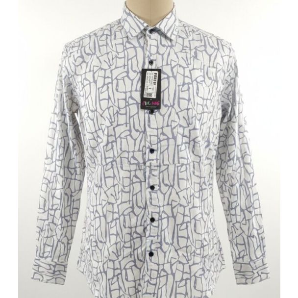 White cotton shirt with gray abstract pattern and a classic collar, long sleeves, and buttoned cuffs.
