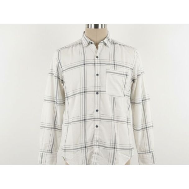 White cotton shirt with gray plaid pattern, long sleeves, and collar