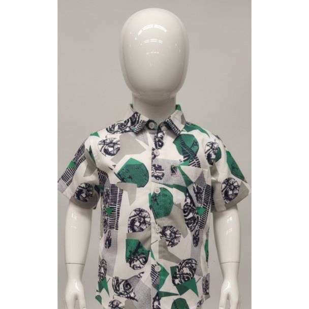 White and green abstract print cotton shirt with short sleeves India
