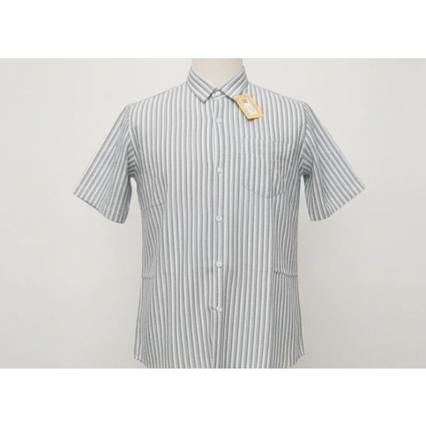 White and grey striped short sleeve cotton shirt with a classic collar and chest pocket