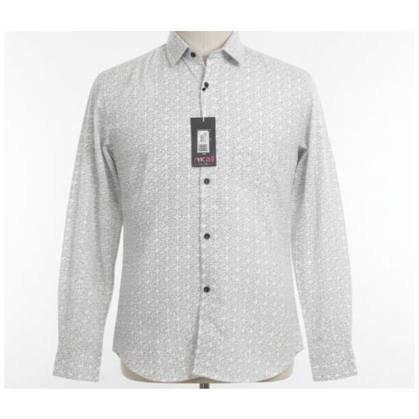 Close-up of a white men's dress shirt with small gray geometric repeating pattern