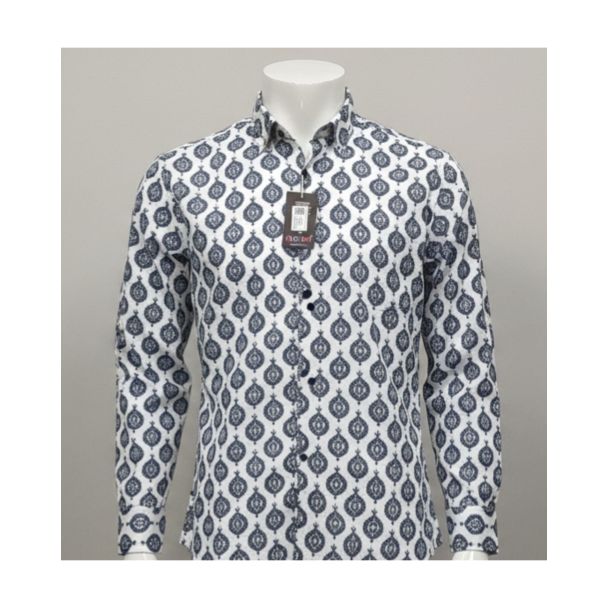 White and navy blue paisley print cotton shirt full sleeve India