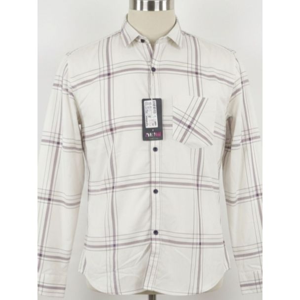 White cotton men's casual shirt with subtle grey and maroon plaid pattern and full sleeves