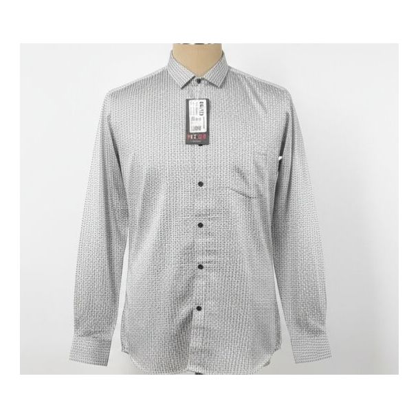 White shirt with a grey geometric pattern, button front, long sleeves, and a classic collar.