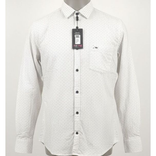 White men's shirt with subtle black pattern, button-down collar and full sleeves.