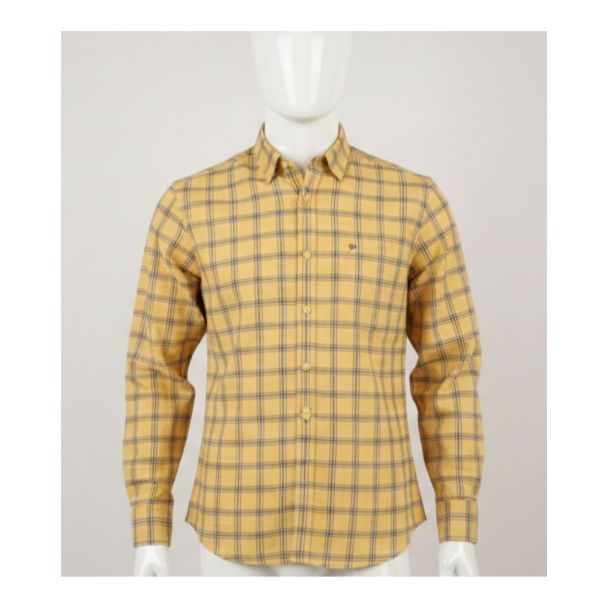 Men's yellow and navy blue plaid patterned cotton full sleeve casual shirt on a mannequin