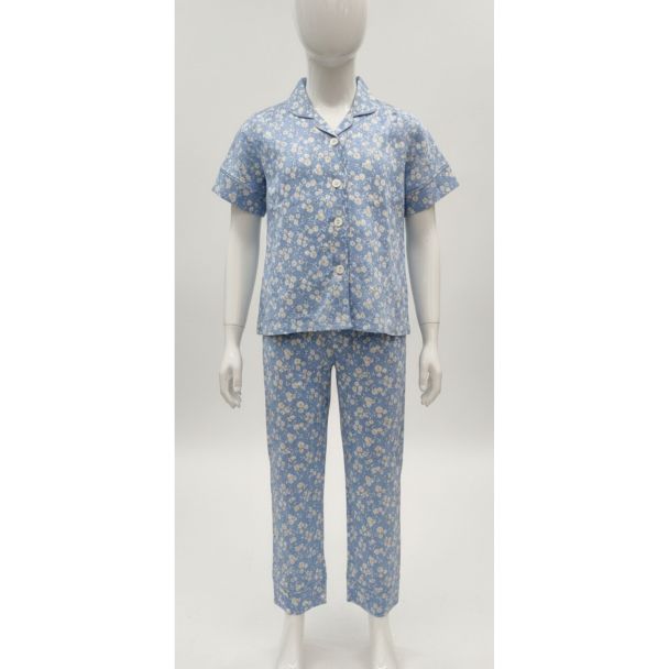 Sky blue floral print cotton pajama set with short sleeves