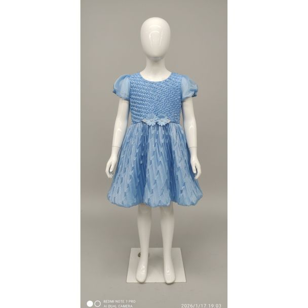 Sky blue pleated kids' dress with short sleeves and A-line skirt - Gangavathi Exports