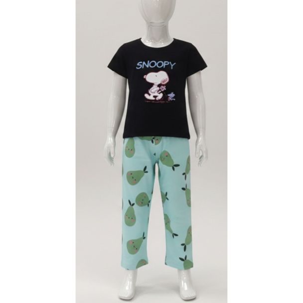 Kids black Snoopy character print t-shirt with light blue pear print pyjama bottoms India
