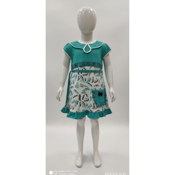 Teal green and white printed cotton frock for a child mannequin India
