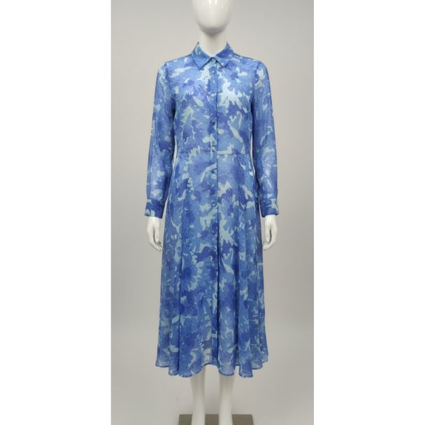 Blue watercolor print long sleeve shirt dress with A-line silhouette
