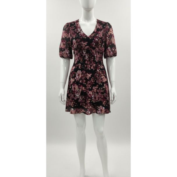 Black short western dress with deep pink floral print and puff sleeves on a mannequin