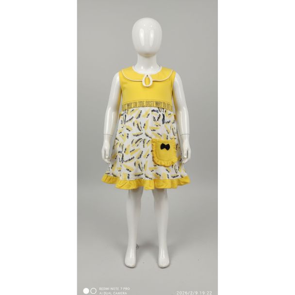 Bright yellow and white printed cotton sleeveless kids frock on mannequin India